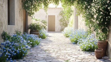 Fototapeta premium An empty scene featuring blank mockup template (a picturesque courtyard with forget-me-nots cascading over stone walls and garden paths),