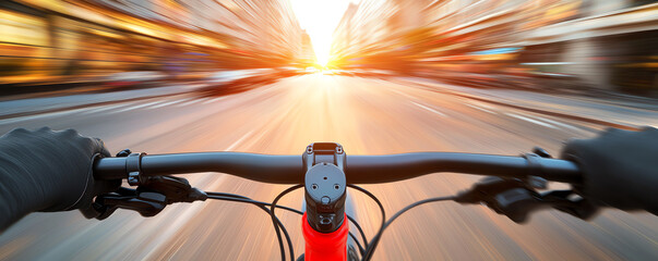 Obraz premium A city cyclist racing through sunlit streets at dawn, with vibrant motion blur effects creating a sense of speed and excitement, showcasing the thrill of urban exploration