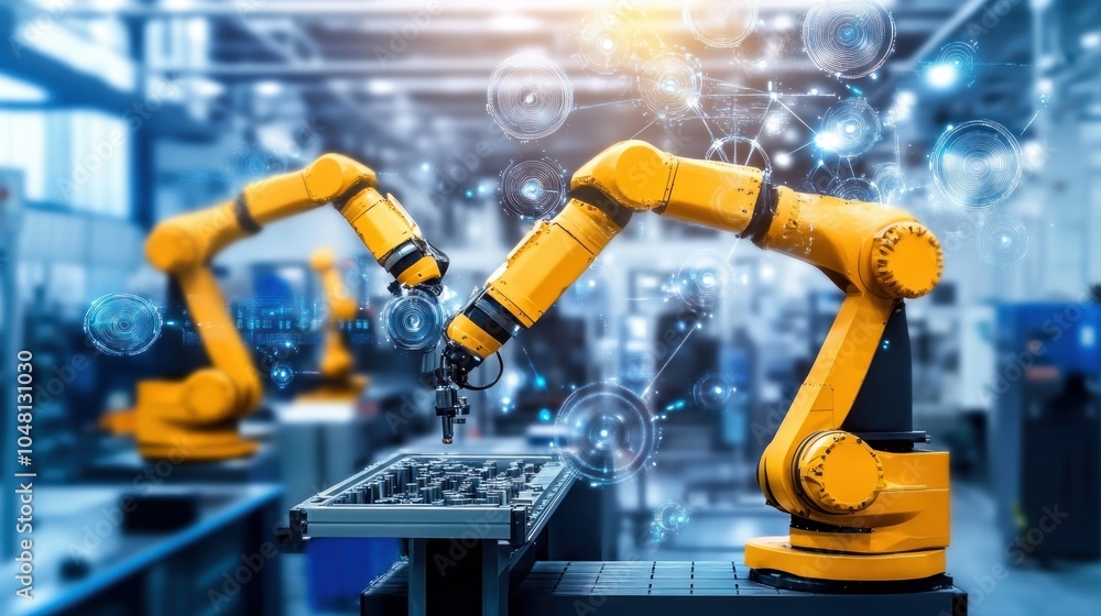 Poster Yellow Robotic Arm with Digital Overlays in a Factory Setting
