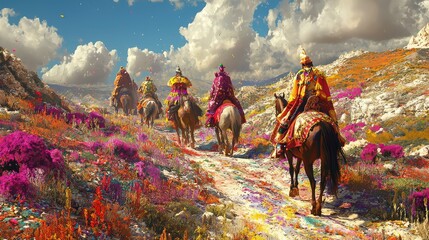 Colorful Scene of Reyes Magos on Horseback