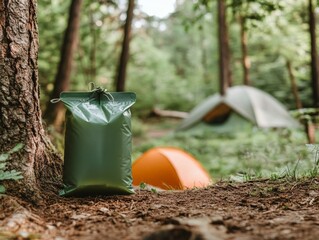 Fototapeta premium A biodegradable food pouch for camping, featuring easy-to-carry and eco-friendly packaging for outdoor adventures.