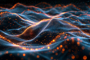 Dynamic Digital Artwork of Vibrant Waves and Sparkling Particles Illuminated in Blue and Orange