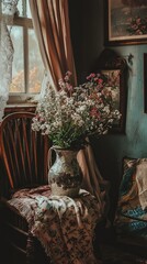 Cozy Indoor Scene with Cracked Vase and Fresh Flowers