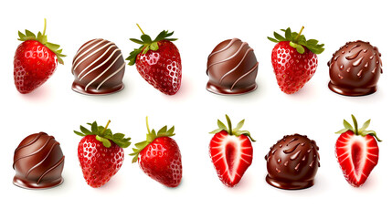 Variation of Fresh Strawberries dip with chocolate on white background