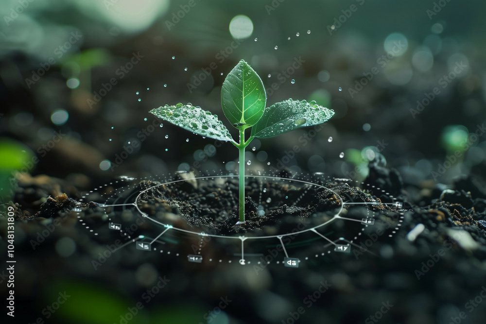 Poster a conceptual image blending nature with technology, showcasing a seedling surrounded by futuristic i
