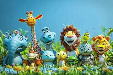 Fototapeta premium A Colorful and Playful Assembly of Cartoon Animals in a Lush Green Meadow Under a Clear Blue Sky