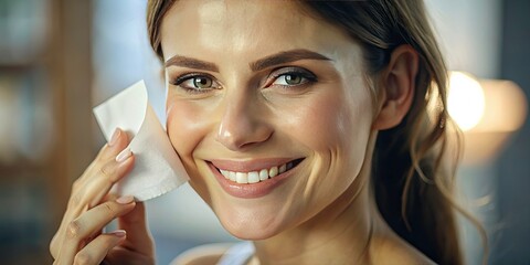 Smiling Woman Using Facial Oil Blotting Paper - Portrait of a Happy Girl with Natural Makeup, Close-Up on Oil Absorbing Sheets and Skincare Routine for Radiant Skin