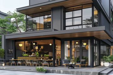 Fototapeta premium An architectural rendering of a modern cafe or restaurant with outdoor seating and large windows