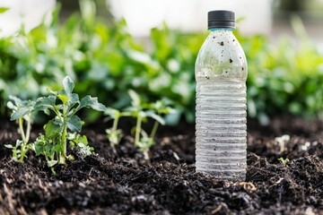 A biodegradable plastic bottle breaking down in a compost bin, showing the future of single-use packaging in a circular economy.