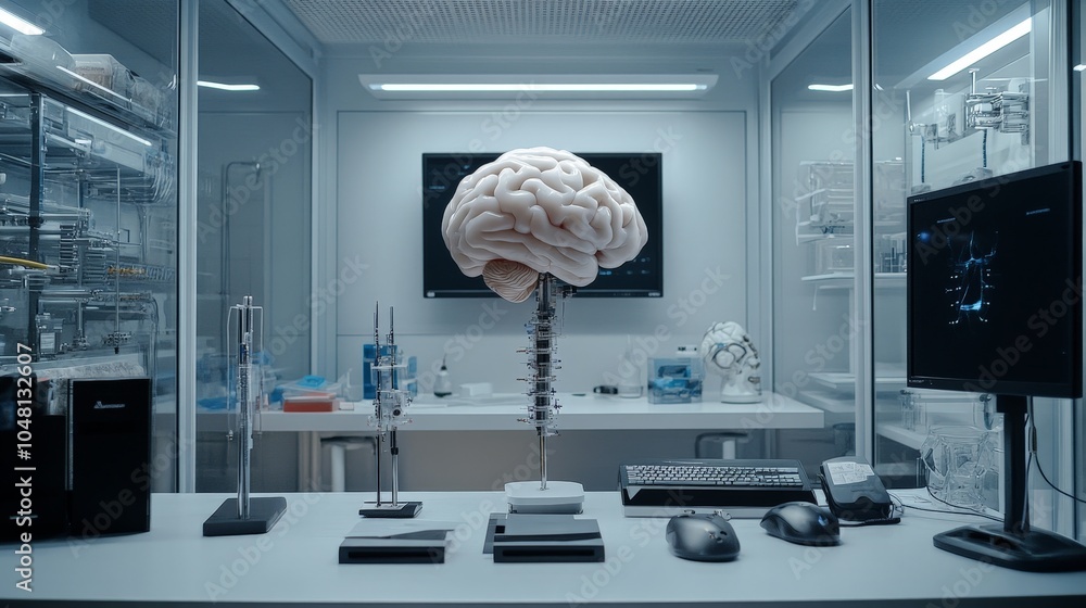 Poster a biohacking lab where researchers are experimenting with biotech implants to enhance human cognitiv