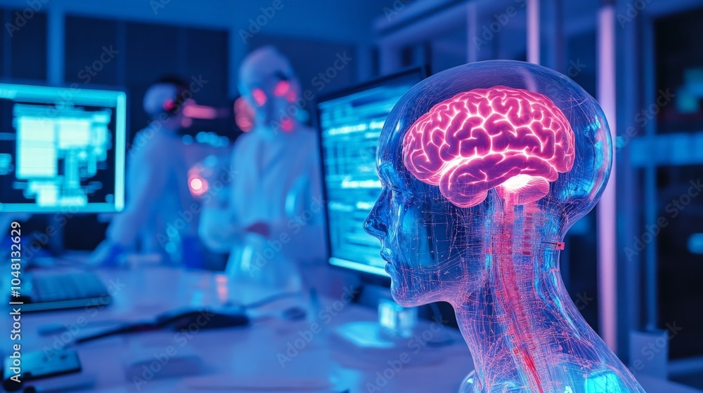 Poster a biohacking lab where researchers are experimenting with biotech implants to enhance human cognitiv