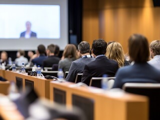 A biotech conference where leaders in the field discuss the future of bioengineering and its applications in healthcare and sustainability.