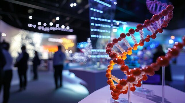 A biotech company showcasing innovations in gene editing at a trade show, with DNA models and interactive displays.