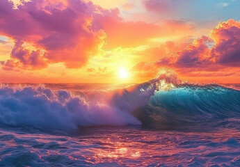 Fototapeta premium A vibrant sunset over the ocean, with colorful clouds and waves crashing against each other in a wave tube, creating an enchanting scene of nature's beauty