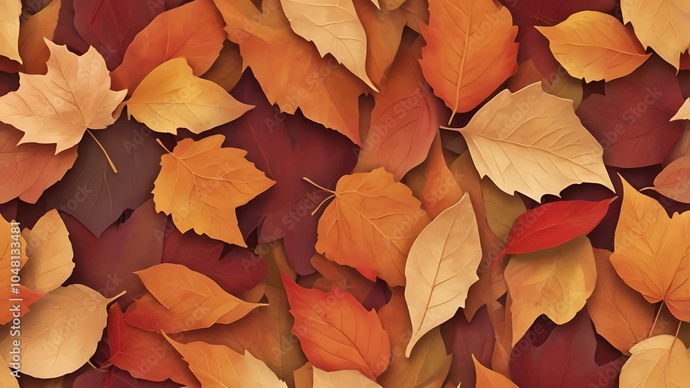 Poster digital illustration featuring a seamless pattern of autumn leaves overlapping arrangement of variou