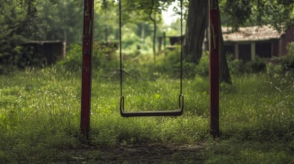 A broken swing set in an abandoned playground, with overgrown grass and the faint sound of wind, reflecting forgotten memories and sadness.