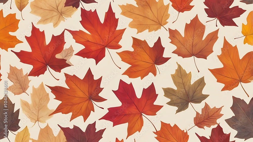 Poster digital illustration featuring a seamless pattern of autumn leaves overlapping arrangement of variou