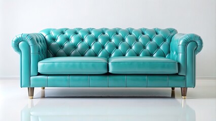 Fototapeta premium Stylish Turquoise Leather Sofa on White Background - Candid Photography of Modern Furniture, Interior Design, Cozy Living Spaces, Elegant Home Decor, and Contemporary Aesthetics
