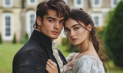 Naklejka premium A young, handsome man and woman in stand close together, looking at the camera