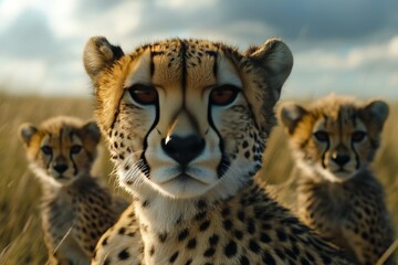 Obraz premium A close-up of a cheetah with its cubs, the mother standing protectively as her young play in the background.