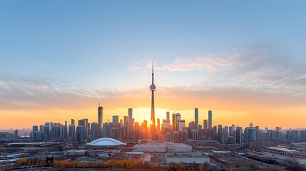 Obraz premium Stunning sunrise over the toronto skyline a breathtaking view of urban architecture and natural beauty