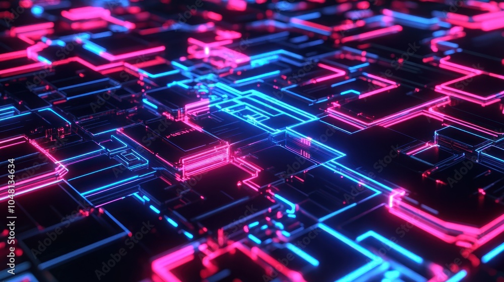 Poster Abstract Neon Lights Intersecting on a 3D Geometric Surface
