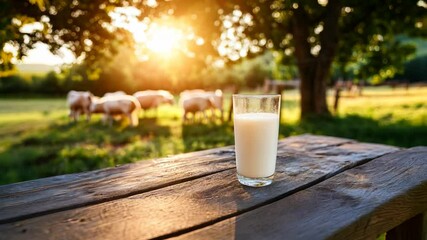 A glass of milk is on a wooden table in front of a field with cows grazing - Powered by Adobe