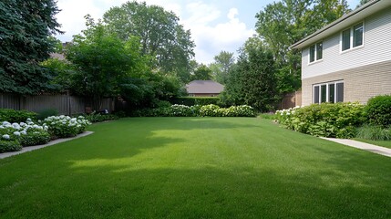 Lush green lawn surrounded by vibrant plants and trees in a serene residential landscape setting