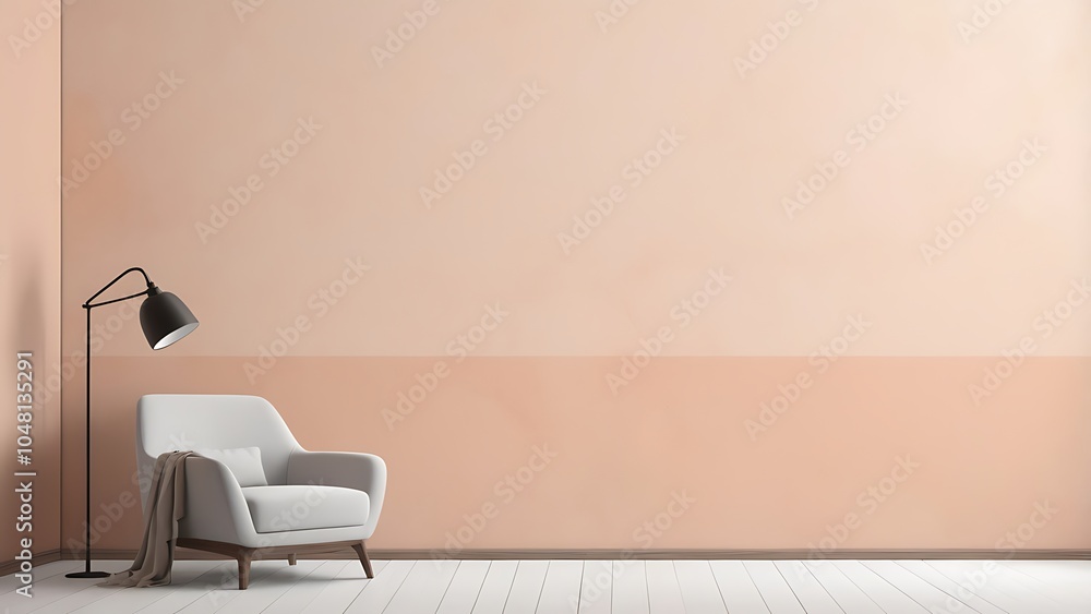 Poster minimalist interior style with a focus on simplicity and clean lines features a large, empty room wi