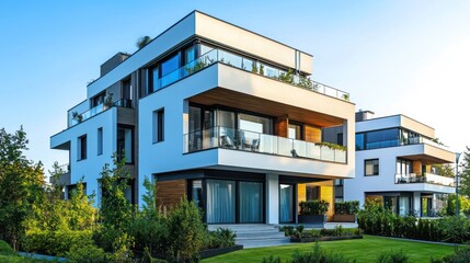 Fototapeta premium Clear morning sky backdrop for a stylish new bungalow with three stories and modern design.