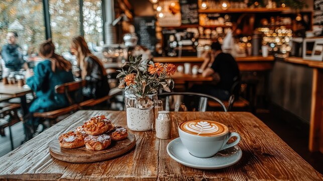 Cozy Modern Coffee Shop Table with Latte and Pastries