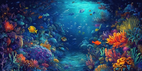 Colorful underwater reef with fish and coral.