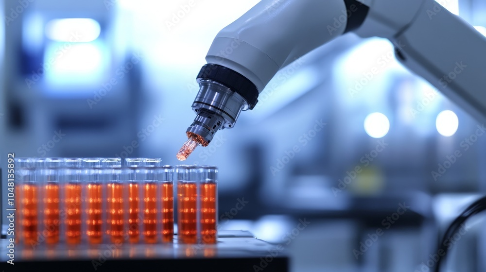 Poster a close-up of a robotic arm in a biotech lab manipulating tiny vials of bioengineered cells for rege