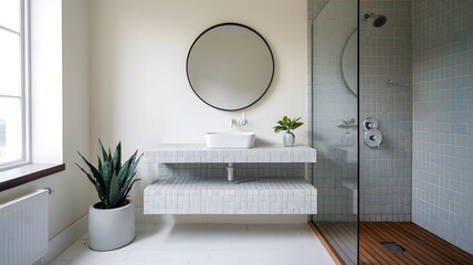 a minimalist bathroom with a frameless mirror, a floating vanity with soft gray tiles, and a wooden shower base.