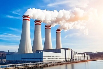 Obraz premium Power Plant with Cooling Towers and Smoke.