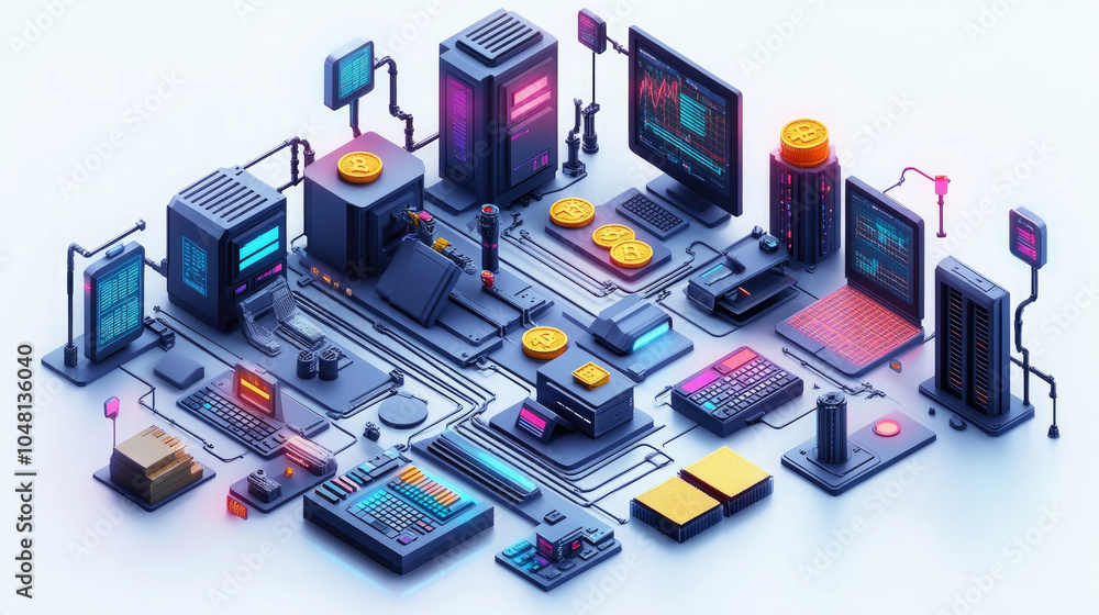 Poster isometric illustration of computer components connected by lines.