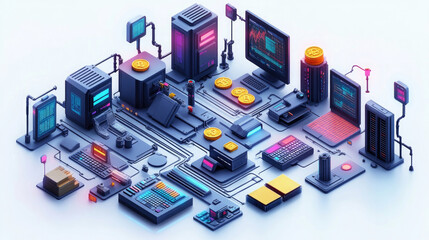 Fototapeta premium Isometric illustration of computer components connected by lines.