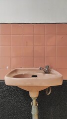 A dusty pink sink with a metal faucet is set against a pink-tiled wall, bordered by a white wall....