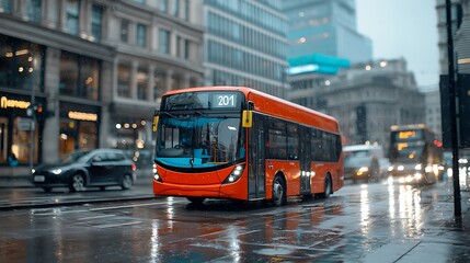 Obraz premium Exploring urban transport a vibrant orange bus navigating through rainy city streets on a mellow evening