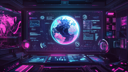 Fototapeta premium Global Network Control Center: Futuristic digital interface displays a glowing Earth, surrounded by data streams and vibrant neon accents. A scene of technological prowess and global connectivity.