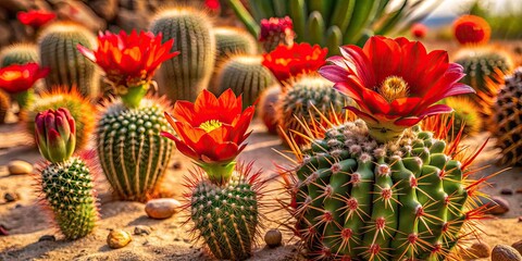 Obraz premium Vibrant Red Cacti Flowers in Natural Desert Setting - Stunning Food Photography, Floral Arrangement, Colorful Succulents, Desert Blooms, and Nature's Beauty Captured in Detail