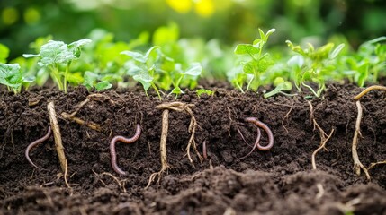 A close-up of rich, healthy soil full of roots, organic matter, and earthworms, highlighting the benefits of regenerative farming.