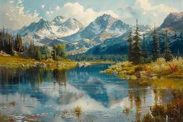 Obraz premium Beautiful painted mountain landscape with lake