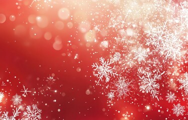 Festive red background with white snowflakes and bokeh lights creating a magical Christmas...