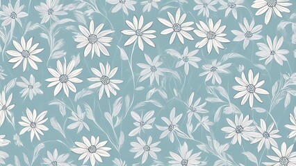 seamless floral pattern vector illustration featuring white daisies with yellow centers flowers against a muted blue background