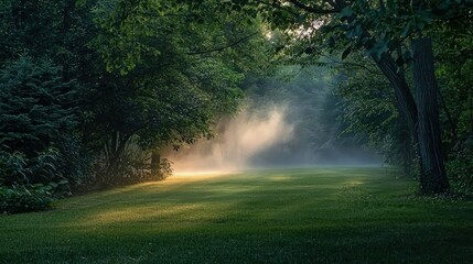 Serene Garden at Dawn with Mist Rolling Over Grass