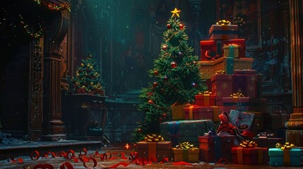 Obraz premium Christmas Tree Surrounded by Presents in a Festive Setting
