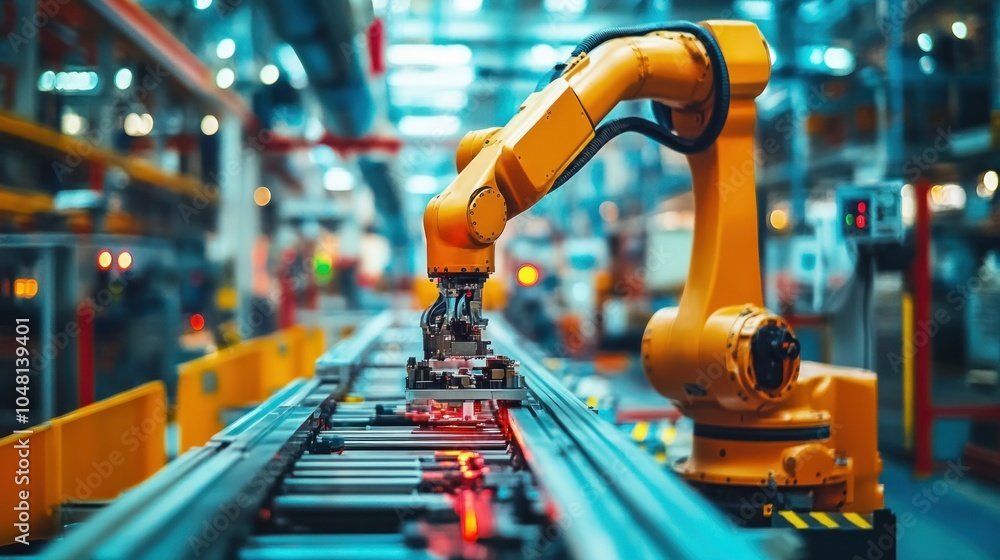 Poster Yellow Robotic Arm Working on an Assembly Line in a Factory