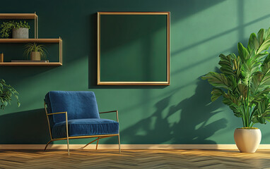 Green wall with a gold geometric painting above a blue velvet armchair in a living room interior, wooden floor and a shelf with plants, golden lamps on top of a side table