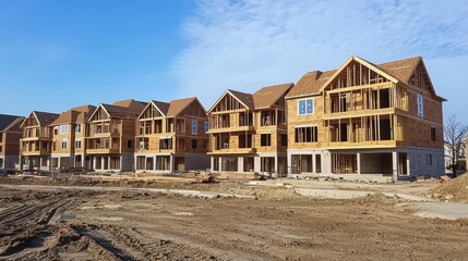 Ongoing suburban development site with new wooden structures under a clear sky.